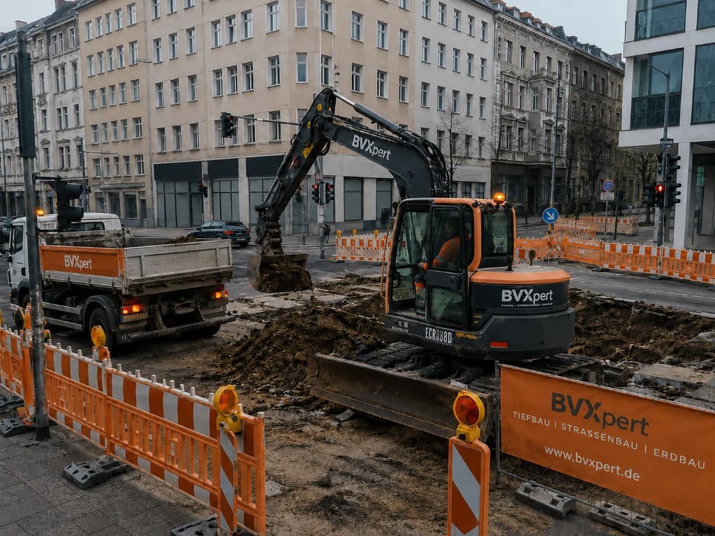 Tiefbau mit BVXpert-Bagger und LKW auf der Baustelle